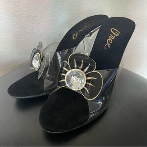 Onex Transparent Lucite Heels with Leather Crystal Flower Accent Suede